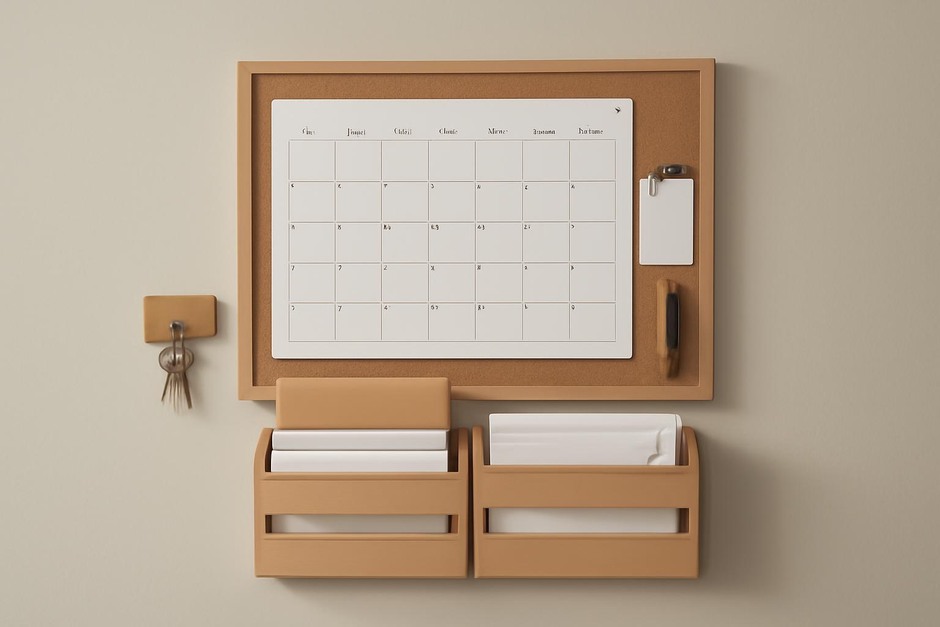 Wall-mounted household command center with calendar and mail slots