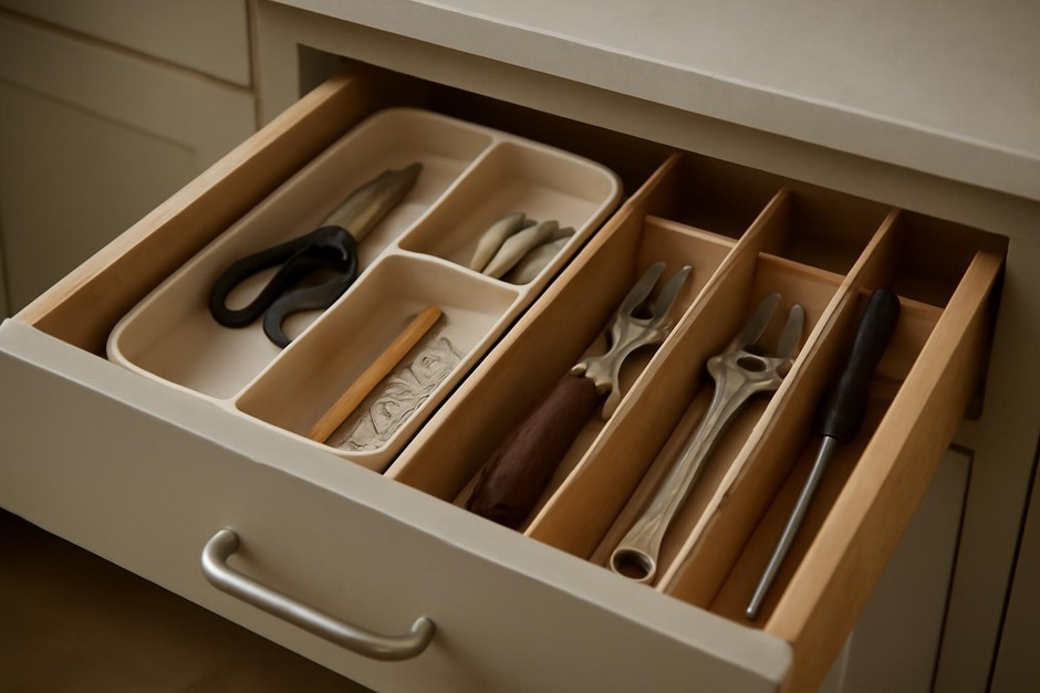 Open kitchen drawer with organized compartments