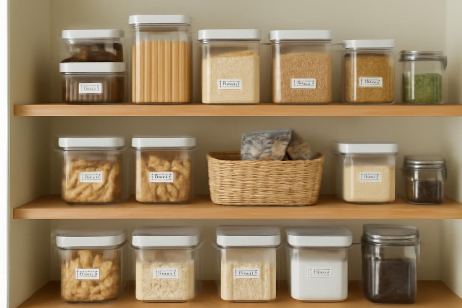 Organized pantry shelves with labels and clear containers